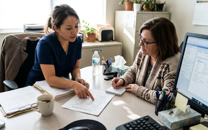 A patient discussing lab results and potential side effects with a provider in a clinic office