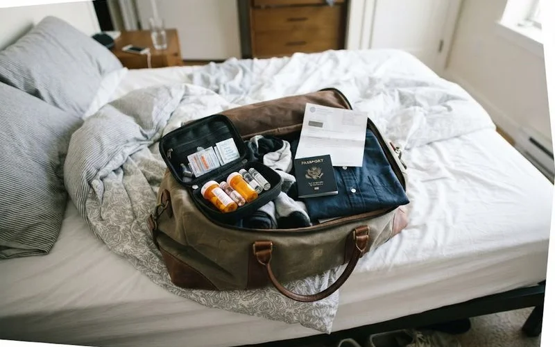 A labeled prescription testosterone vial and syringe packed alongside travel documents