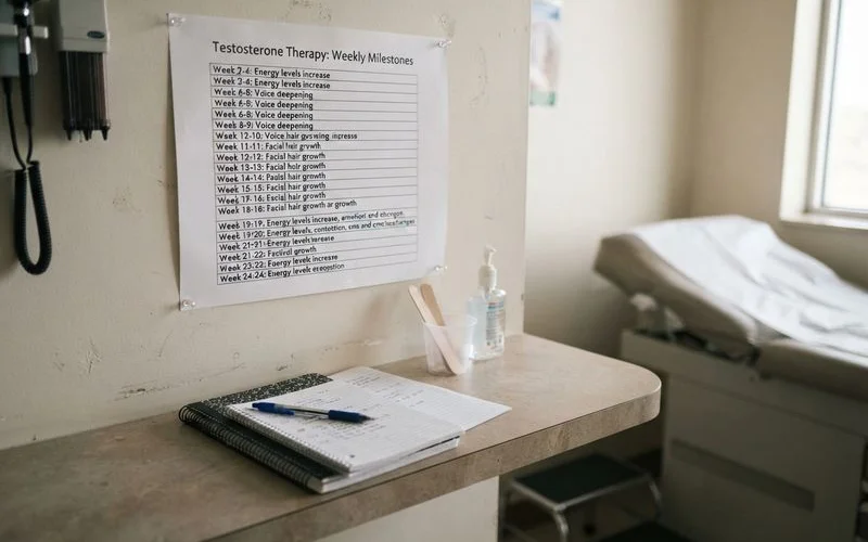 A calendar with milestones marked showing a testosterone therapy treatment timeline